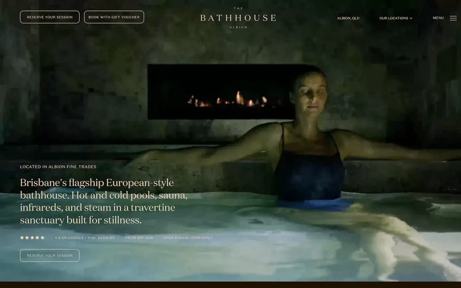 The Bathhouse Albion hero: a serif headline describing the bathhouse over a dark pool photo, with a strip of small facts beneath it and a Reserve your session button