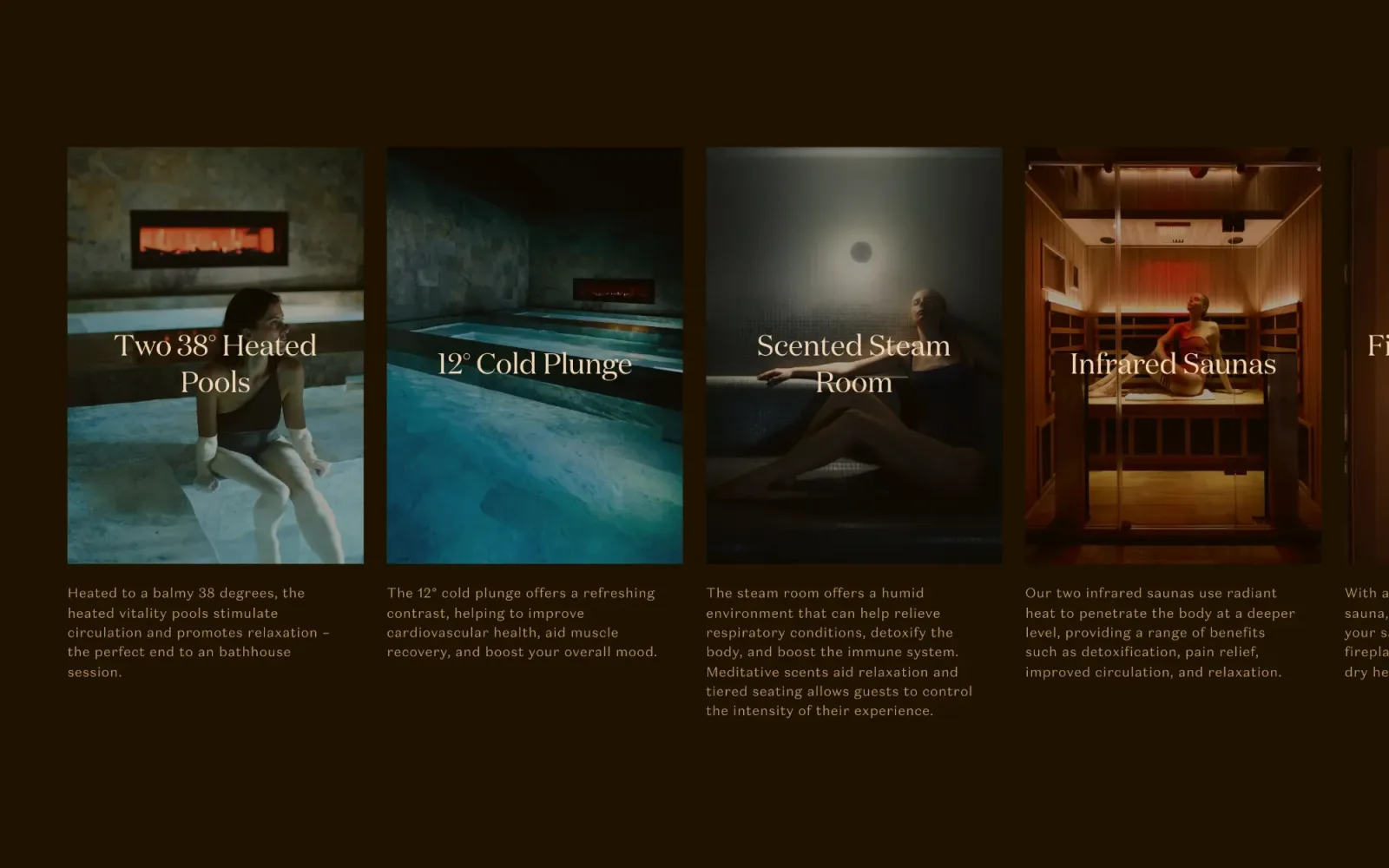 The Bathhouse Albion spaces carousel: tall, dimly lit photo cards for the heated pools, cold plunge, steam room and infrared saunas