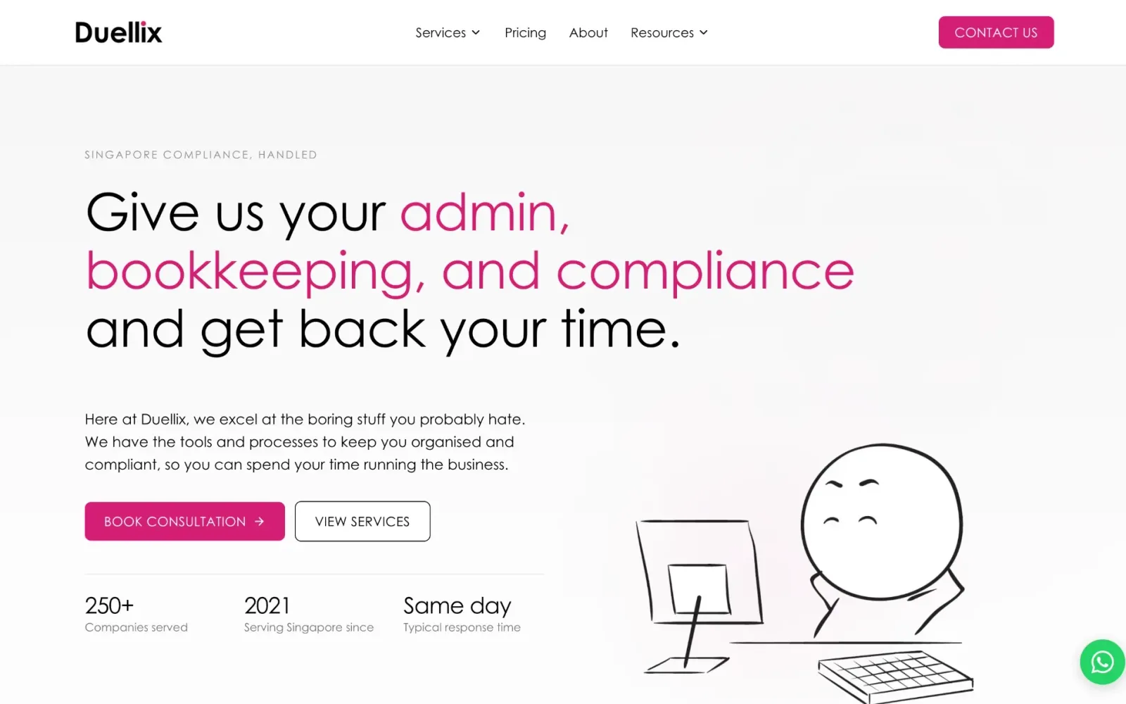 Duellix hero: a large headline offering to take on admin, bookkeeping and compliance, two buttons, a simple line illustration and three key figures along the bottom