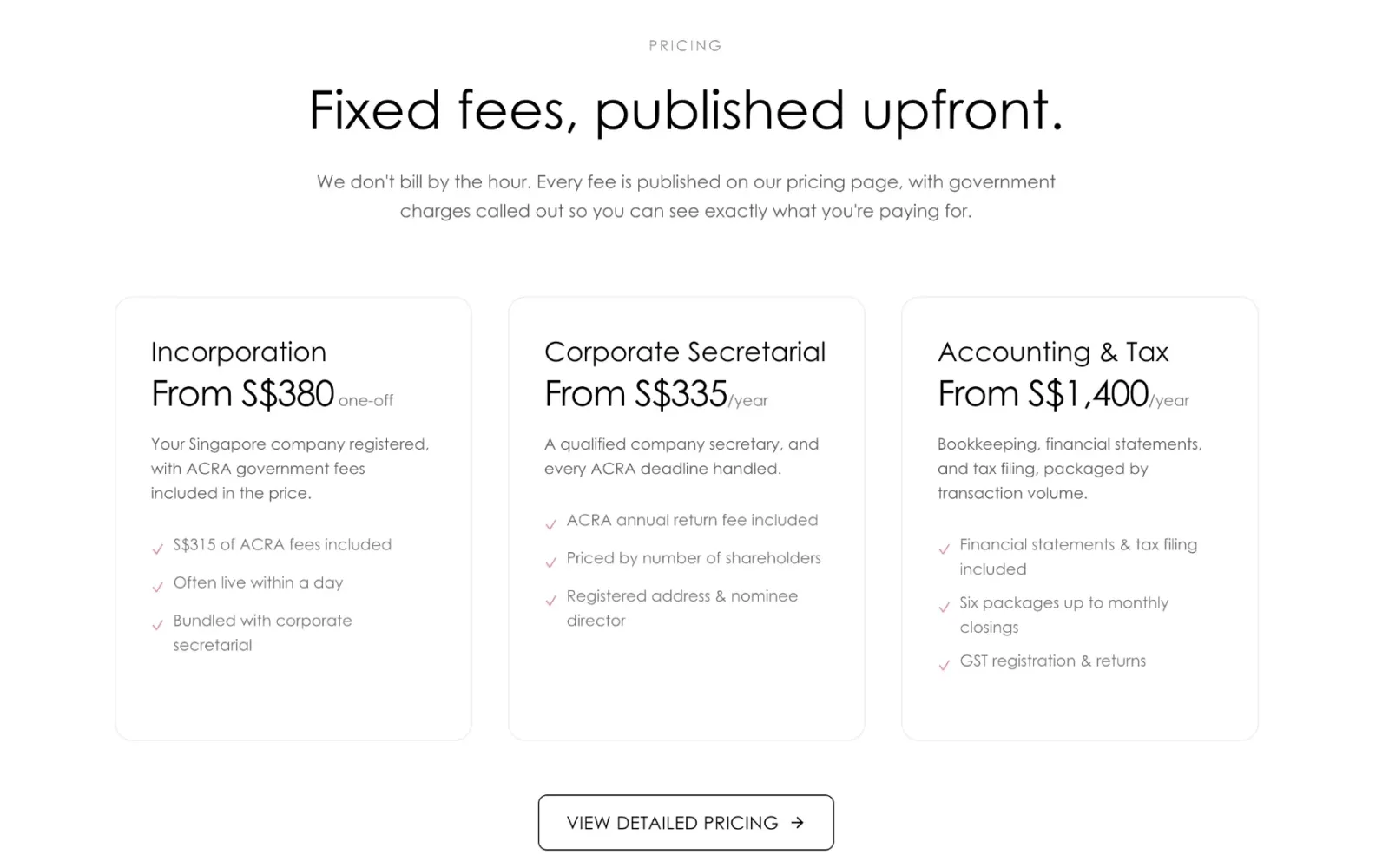 Duellix pricing: the heading Fixed fees, published upfront, above three clean cards for incorporation, corporate secretarial and accounting and tax, each with a starting fee and a short list of inclusions