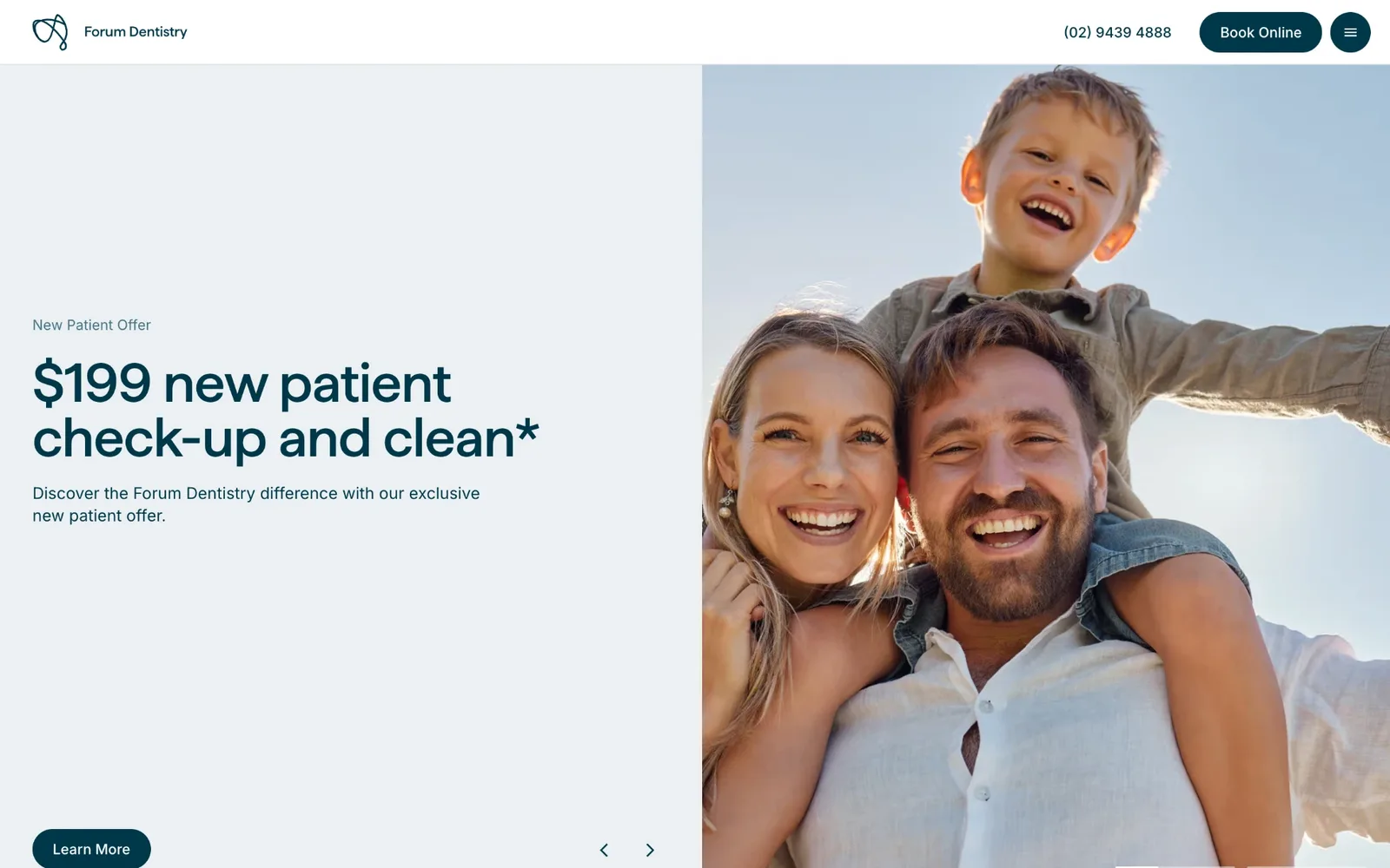 Forum Dentistry hero: a split layout with a new patient offer on the left and a bright family photo on the right, below a header with the phone number and a Book Online button