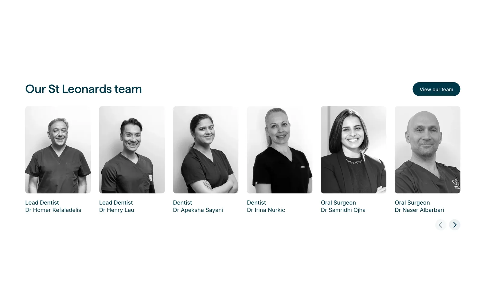 Forum Dentistry team section: black and white portraits of six dentists and oral surgeons, each with their role and name